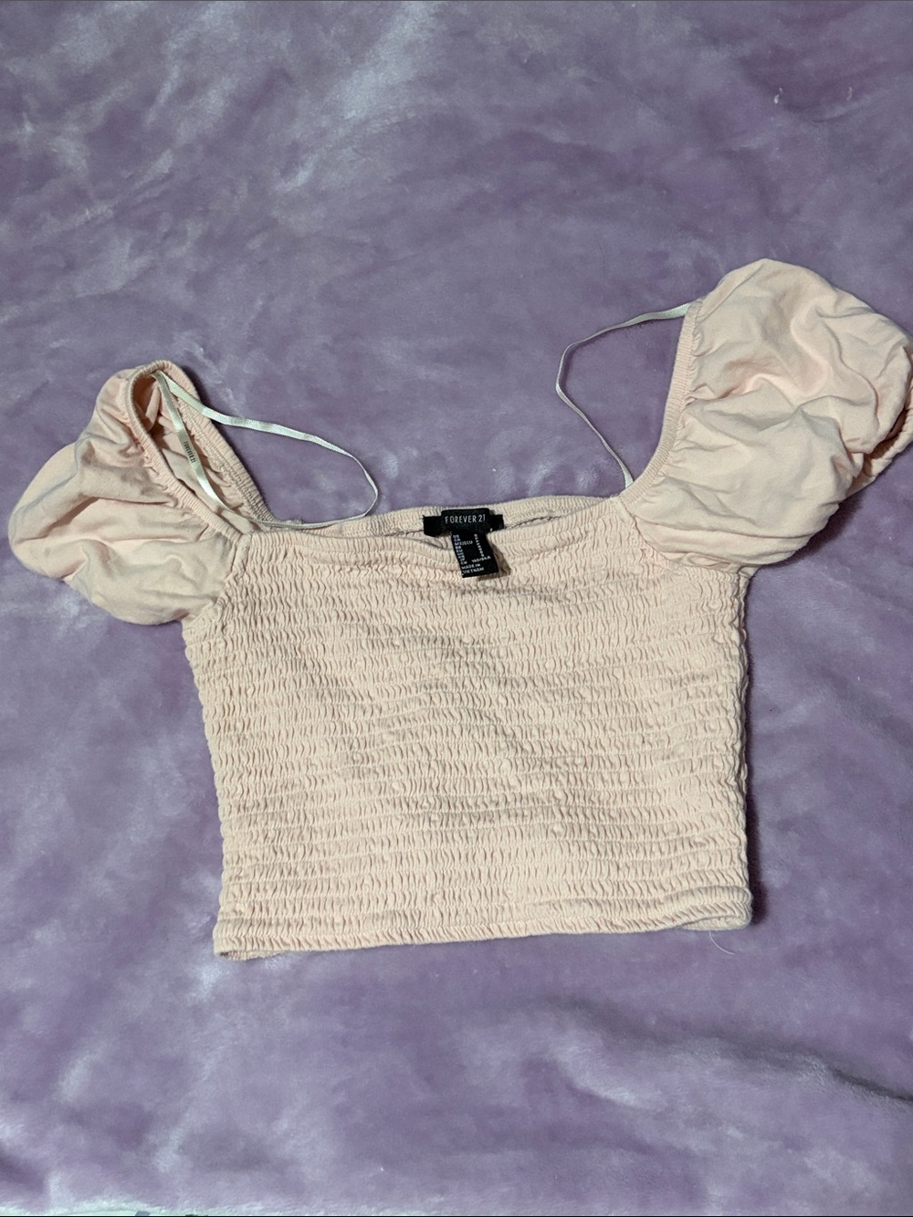 Forever 21 Light Blush Pink Smocked Puff-Sleeve Crop Top